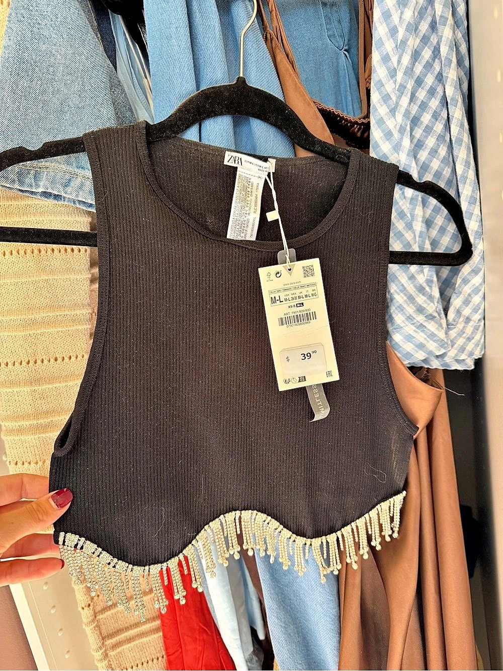 Zara Rhinestone Fringe Crop Top Black & Silver Size Medium